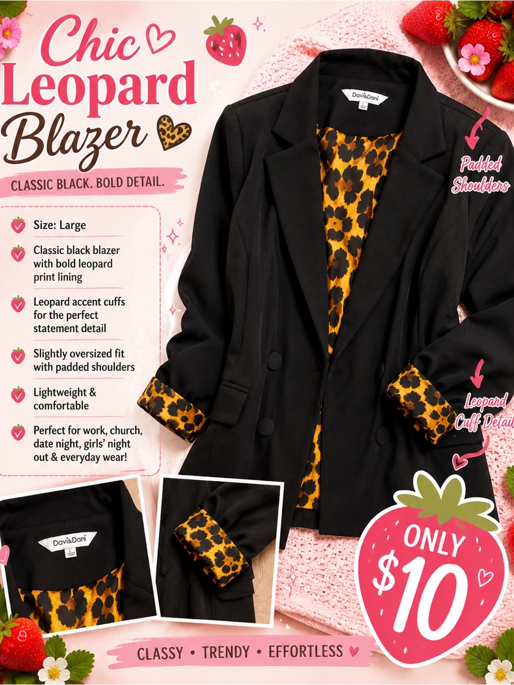 DAVI & DANI Black Blazer with Leopard Print Lining
